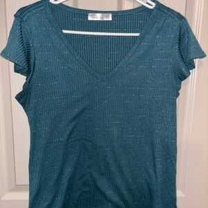 89th & Madison Teal Ribbed V-Neck Top